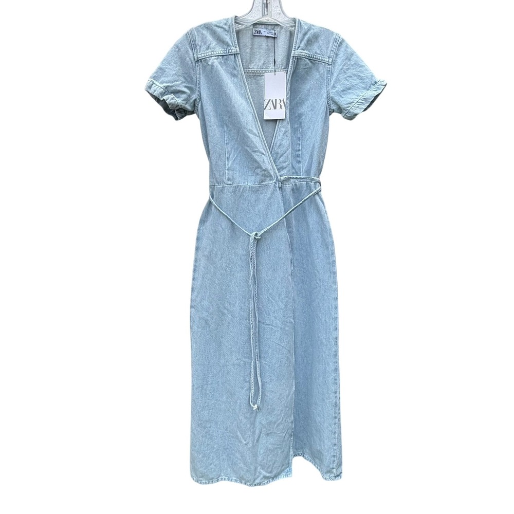 Zara Denim Wrap Maxi Dress Womens XS Light Blue Tie Waist Casual Summer
